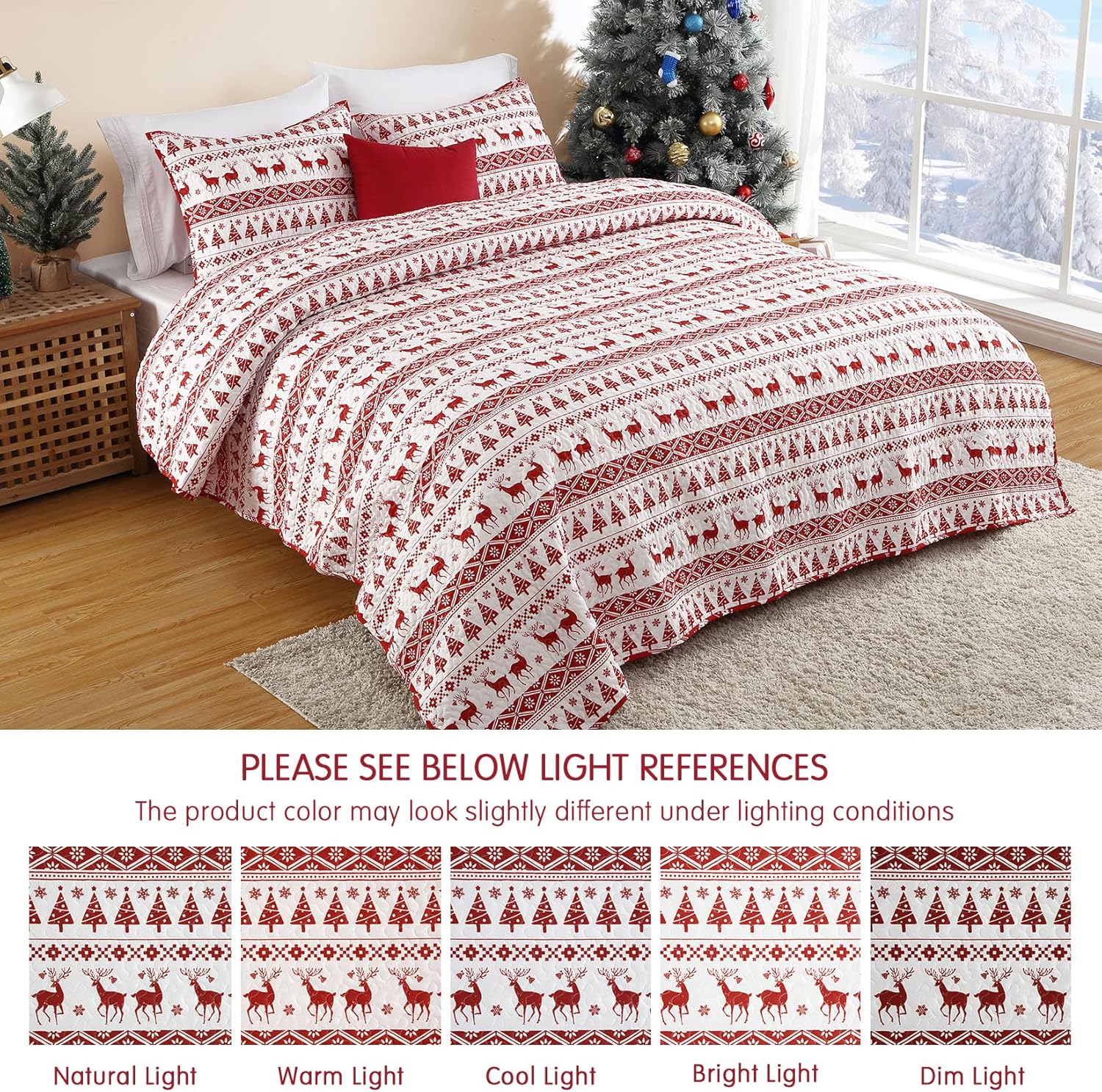Garvee Christmas Quilt Set King Size - Boho Reversible Bedspread Coverlet Set with Christmas Tree Reindeer Snowflakes Printed Pattern, Soft Lightweight Bohemian Quilt Bedding Cover Set King