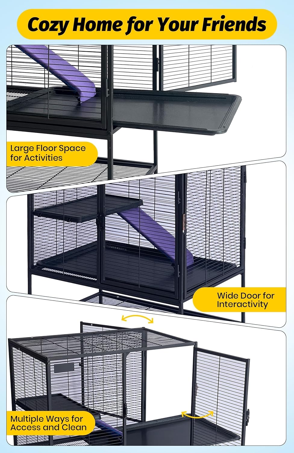 Garvee 34in Multi-Level Metal Small Animal Cage with Removable Tray & Lockable Doors, BPA-Free Wire, Soft Ramps & Hammock, Wheels & Storage Shelf, Indoor Use for Ferrets & Rabbits