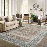 Garvee Living Room Area Rug 9x12 Machine Washable Vintage Distressed Print Ultra-Thin Chenille Brown Non Slip - Brown