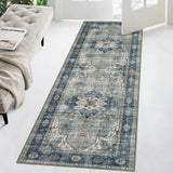 Garvee 2x6 Washable Runner Rug Low Pile Non Slip Hallway Rug Runner Vintage Distressed Accent Runners Ultra-Thin Non-Shedding Stain Resistant Floor Carpet for Entryway Kitchen Laundry Demin - Blue