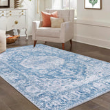 Garvee Large 9x12 Washable Vintage Rug - Oriental Distressed Design, Non-Slip, Low Pile Polyester, Stain & Water Resistant, Ideal for Living Room, Bedroom - Blue