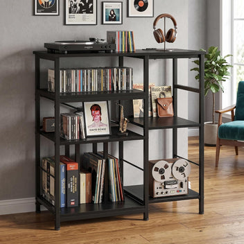 Garvee 4-Tier Large Record Player Stand & Media Console for Living Room - Holds 300+ Vinyl Records, Fits 7/10/12 in vinyl records - Color: Black