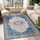 Garvee 8x10 Area Rug Vintage Distressed Machine Washable Area Rug for Living Room Bedroom Traditional Medallion Non-Slip Stain Resistant Accent Rug Carpet for Home Decor Floor Decoration, Blue - Blue Orange