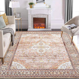 Garvee Rugs for Living Room 8x10 Large Washable Rugs for Bedroom Large Aesthetic Rug Vintage Floral Printed Distressed Rug Soft Low Pile Non Slip Carpet for Playroom Kids Room Nursery Office Orange - Brown & Khaki