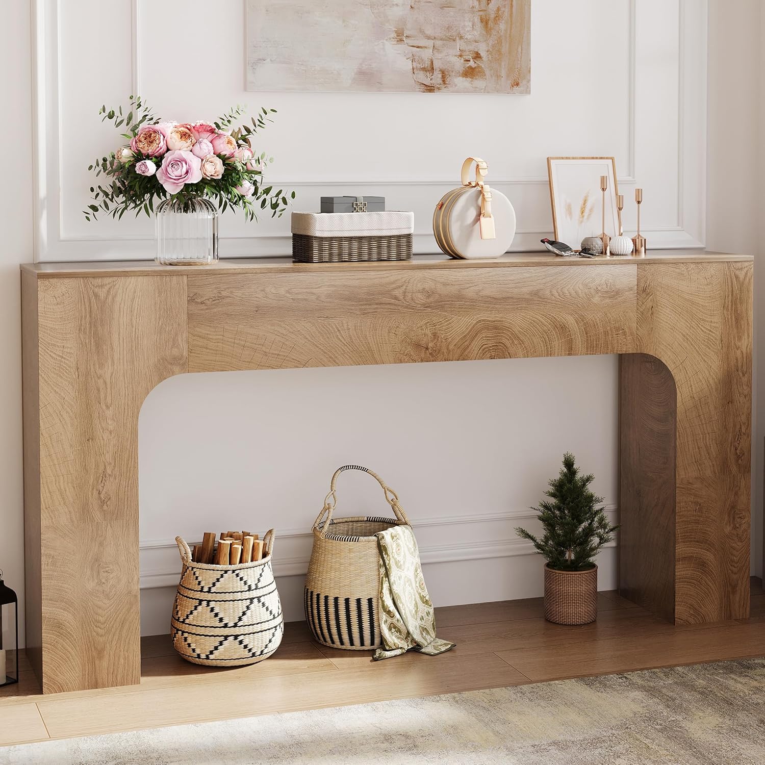 Garvee 63" Farmhouse Console Table Slim Wood Sofa Side Table Narrow Rustic Foyer Furniture for Living Rooms Hallways Apartments, Deep Oak