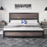 Garvee Full Size Bed Frame with Charging Station, Rivet Design, Industrial Style, Strong Slats Support, No Box Spring Needed, Noise Free, Easy Assembly (Gray) - Gray Wood Grain