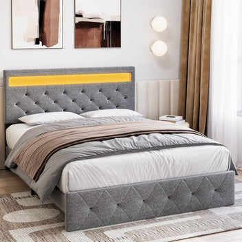 Garvee Full Bed Frame with LED Lights Headboard, LED Bed Frame with Fast-Charging USB Port, Upholstered Platform Bed Frame, No Box Spring Needed, Easy Assembly, Grey