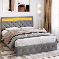 Garvee Full Bed Frame with LED Lights Headboard, LED Bed Frame with Fast-Charging USB Port, Upholstered Platform Bed Frame, No Box Spring Needed, Easy Assembly, Grey