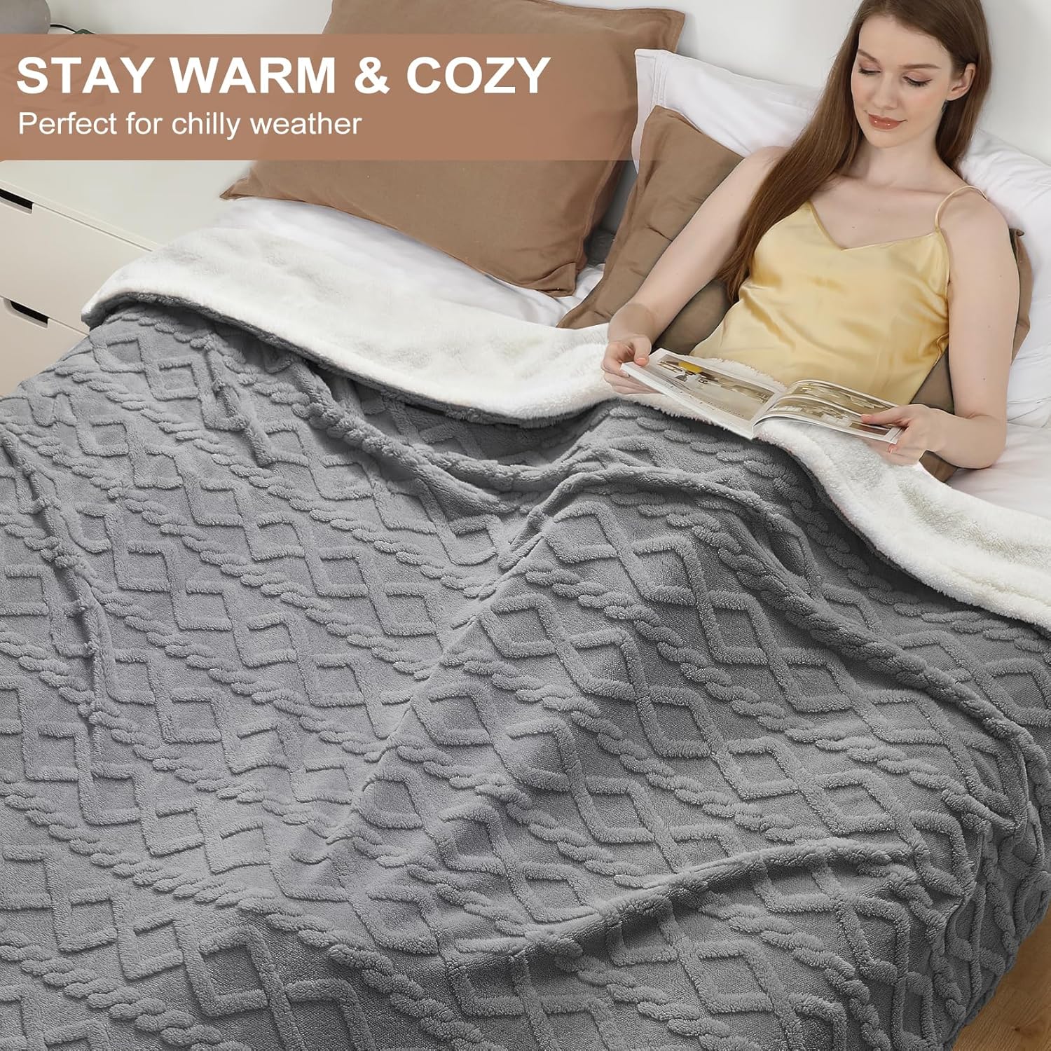 Garvee Electric Blanket Queen Size Dual Control - Thick Tufted Sherpa Heated Blanket Queen with 6 Heating Levels and 20 Time Settings, UL Certified Fast Heating Blanket Queen Size 84"×90", Grey