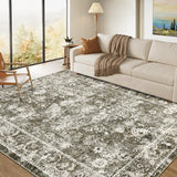 Garvee Vintage Floral Area Rug 9x12 Non Slip Non Shedding Floor Carpet Low Pile Thin Rug, Large Washable Thin Rug, Distressed Gray Rug, Indoor Oriental Rug for Living Room, Bedroom, Camel - Camel Green