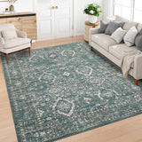 Garvee Washable Rugs Dark Blue 5x7 Rug for Living Room Vintage Rug Non Slip Large Bedroom Rug Retro Oriental Rug Soft Faux Wool Low Pile Stain Resistant Carpet for Office Nursery Dining Room - Dark Blue