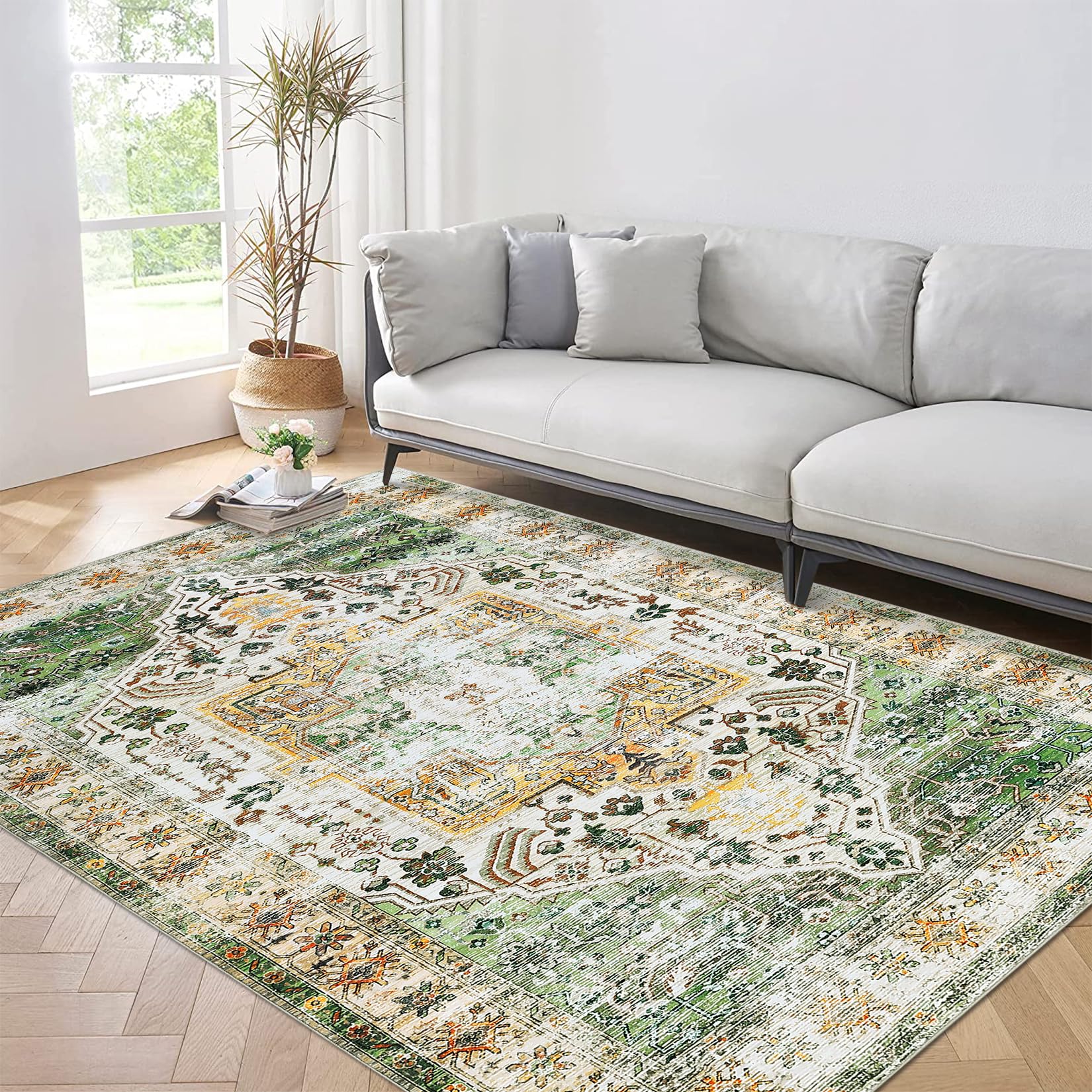 9x12 area rug with non-slip low pile texture for boho or modern home use in faded green and ivory floral design