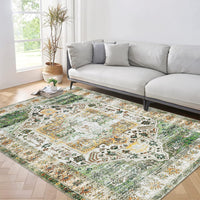 9x12 area rug with non-slip low pile texture for boho or modern home use in faded green and ivory floral design
