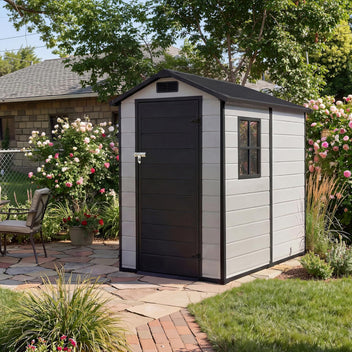 Garvee 4x6 FT Outdoor Storage Shed with Floor, Plastic Resin Garden Shed with Window & Sloping Roof & Lockable Door for Patio Backyard Garden, Lawn Mower, Bike, Tool Storage