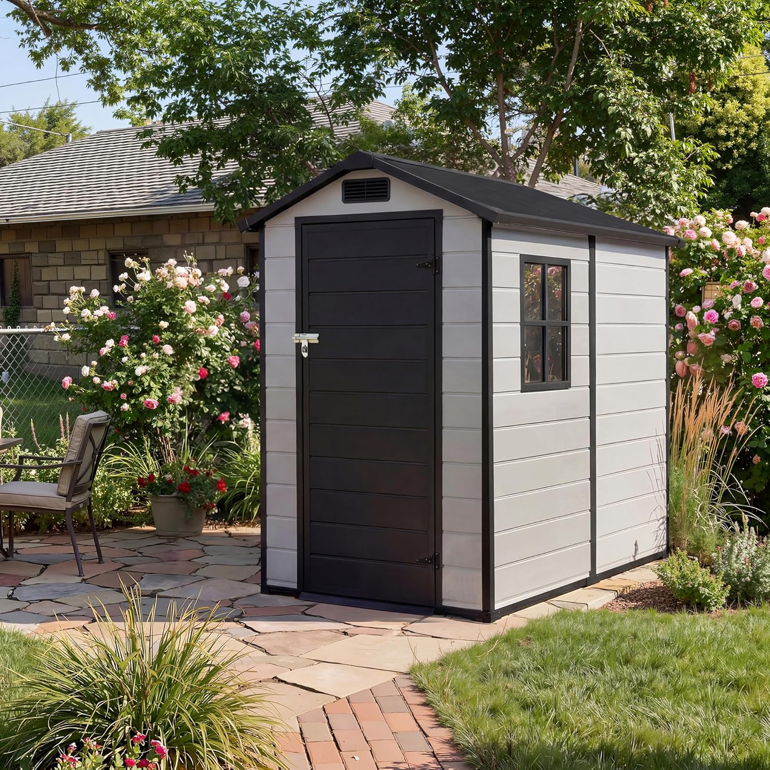 Garvee 4x6 FT Outdoor Storage Shed with Floor, Plastic Resin Garden Shed with Window & Sloping Roof & Lockable Door for Patio Backyard Garden, Lawn Mower, Bike, Tool Storage