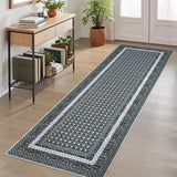 Garvee Washable Kitchen Rug - 2x6 Black Grey Hallway Runner, Soft Non Slip Stain Resistant Throw Carpet for Laundry Bathroom, Geometric Bordered Floor Rug for Bedside Home Office - Dark Gray
