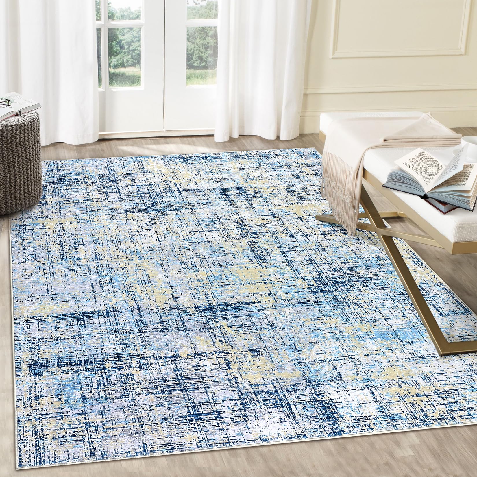 4x6 area rug with washable low pile design for reading nook or bedroom in blue abstract pattern
