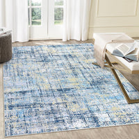 4x6 area rug with washable low pile design for reading nook or bedroom in blue abstract pattern