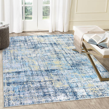 4x6 area rug with washable low pile design for reading nook or bedroom in blue abstract pattern