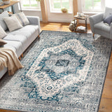 Garvee Bohemian Washable Area Rug 5x7 Floral Oriental Rug Living Room Rug, Large Non-Slip Boho Bedroom Throw Mat,Blue Floral Printed Non-Shedding Carpet for Dining Room Dorm,5x7 - Blue Gray