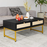 Garvee Rattan Coffee Table with Storage, Mid Century Modern Rectangle Center Table with 2 Drawers & Metal Frame, Accent Table for Living Room, Apartment, Black - Black