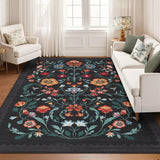 Garvee Washable Rug 8x10 Floral Area Rug for Living Room Bedroom Dining Room Black Low Pile Non Slip - Black