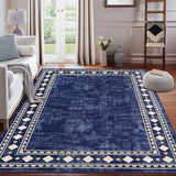Garvee Bordered Dark Blue 9x12 Area Rug Modern Bordered Large Area Rug Machine Washable Rug for Living Room, Stain Resistant Non-Slip Accent Rug Minimalist Border Floor Cover Carpet for Bedroom Decor - Dark Blue