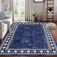 Garvee Bordered Dark Blue 4x6 Machine Washable for Living Room Modern Area Rug, Non-Slip Stain Resistant Accent Rug Indoor Minimalist Border Floor Cover Carpet for Bedroom