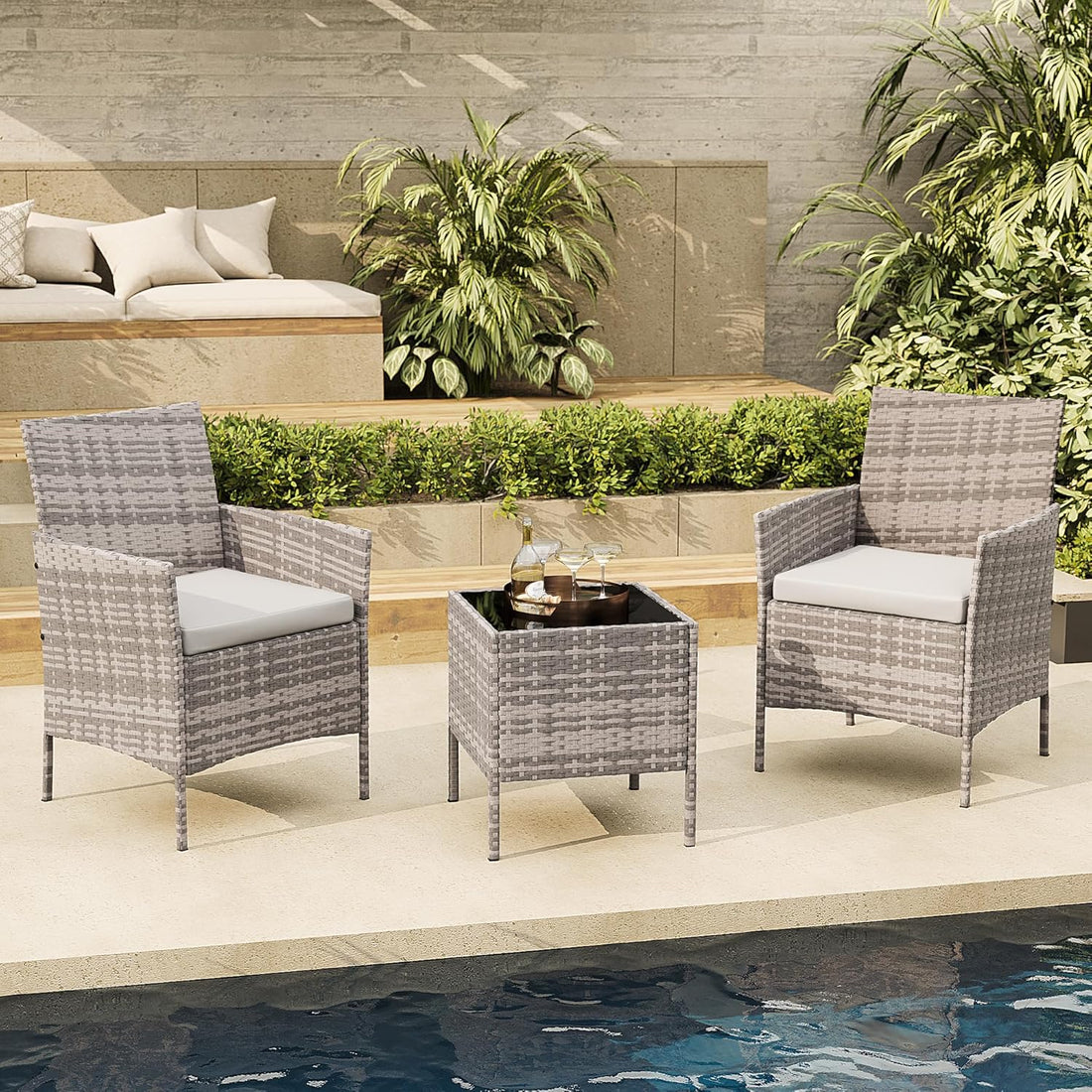 Garvee Patio Porch Furniture Sets 3 Pieces PE Rattan Wicker Chairs with Table Outdoor Garden Furniture Sets