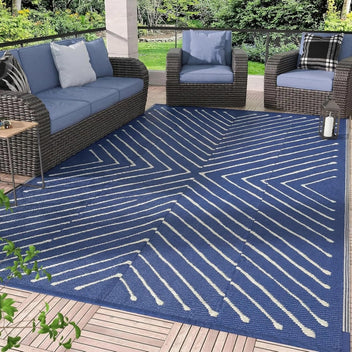 Garvee 8' x 10' Waterproof Reversible Outdoor Rug, Geometric Plastic Straw Patio Mat for RV, Deck, Backyard, Camping & Picnic, Navy Blue