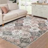 Garvee Washable Moroccan Rug 4x6 - Soft, Non-Slip, Faux Wool, Low Pile, Stain-Resistant, Suitable for Living Room, Bedroom, Dining Room - Pink/Gray