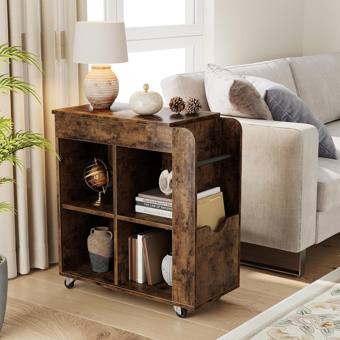 Side Table with Storage, Flip Top Sofa End Table for Living Room and Bedroom, Wood Side Table with 3 Tier Storage Shelf for Small Spaces-Rustic Brown
