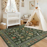 Garvee Animal Print Green Nursery Rug 8x10 Ultra Thin Stain Resistant Indoor Jungle Area Rug for Kids Room Classroom Playroom - Green