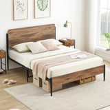 Garvee Queen Bed Frame with Wooden Headboard & Footboard, Heavy Duty Metal, Storage, Easy Assembly, Walnut Finish, No Box Spring Needed - Walnut