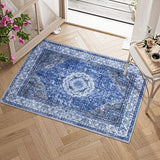 Garvee Boho Vintage Floral Area Rug 2x3 Washable Soft Faux Lamb Velvet with TPR Non-Slip Backing for Living Room Bedroom Bathroom Kitchen Entryway Office - Gray Blue