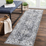 Garvee Runner Rug 2x6 Feet Washable Vintage Medallion Distressed Hallway Runner, Non-Slip Stain Resistant Floral Area Rug Kitchen Mat Entryway Carpet Runner for Doorway Bedside, Grey - Gray