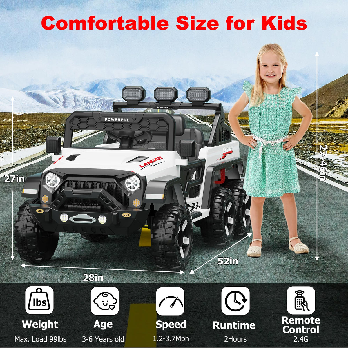 GARVEE White 24V 4WD kids electric ride-on car with 6 EVA wheels