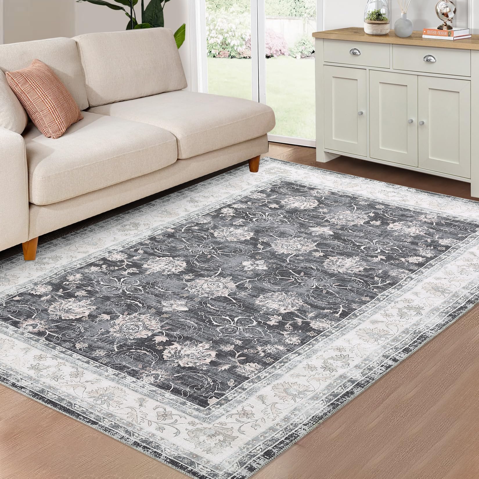 Garvee Oriental Black Grey 4x6 Vintage Distressed Floral Rug, Washable Stain Resistant Non-Slip Boho Farmhouse for Dining Bedroom