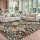 Garvee Floral 10x13 Taupe and Brown Area Rug Extra Large Rug Moroccan Trellis Machine Washable Rug for Living Room Stain Resistant Non-Slip Carpet Farmhouse Vintage Distressed Floral Floor Cover for Bedroom - Taupe/Brown
