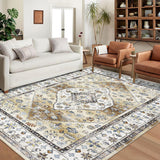 Garvee Washable Area Rug 10x13 Large Area Rugs for Living Room Vintage Non-Slip Indoor Soft Accent Carpet Low Pile Non-Shedding Oriental Distressed Throw Rug for Bedroom Nursery Dorm Office Yellow - Yellow