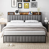 Garvee 2024 New Bed Frame with Storage Headboard, Upholstered Platform Bed, USB Ports & Outlets, Metal Slats Support, Noise Free, No Box Spring Needed, Easy Assembly (Grey, Queen) - Grey