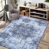 Garvee Large Area Rug 8x10 Vintage Medallion Rug Non Slip Non Shedding Thin Rug Low Pile Indoor Floor Carpet Traditional Floor Cover for Office Dining Room, Navy - Navy Blue