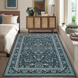 Garvee Washable 8x10 Rugs Non Slip Low Pile Retro Floral Large Rug Blue for Dining Living Room Bedroom - Blue