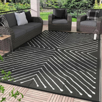 Garvee 8' x 10' Waterproof Reversible Outdoor Rug – Black & White Striped Plastic Straw Patio Mat – Durable, Collapsible, Easy Clean – For RV, Deck, Backyard, Camping, Picnic