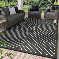Garvee 8' x 10' Waterproof Reversible Outdoor Rug – Black & White Striped Plastic Straw Patio Mat – Durable, Collapsible, Easy Clean – For RV, Deck, Backyard, Camping, Picnic