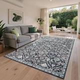 Garvee Large Trellis Rug 10x13 Non-Slip Vintage Distressed Print Ultra-Thin Stain-Resistant Indoor Rug Blue Black - Navy Blue