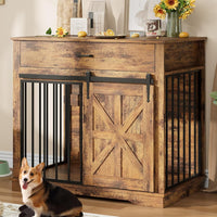 Garvee 37.8"W Dog Crate Furniture for Small/Medium Dogs, 2-in-1 Iron-Wood Fusion Dog Cage Indoor As Side End Table, Farmhouse Dogs Kennel with Sliding Barn Doors & Storage Drawer, Brown