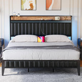 Garvee Bed Frame with Led Lights and Storage Headboard, Upholstered Platform Bed with Charging Station, Heavy Duty, No Box Spring Needed, Easy Assembly, Leather Black, Queen Size - Black