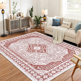 Garvee Washable Area Rugs for Living Room, 5x7 Stain Resistant No Slip Large Area Rug, Ultra-Thin Vintage Moroccan Soft Carpet for Bedroom Dining Room, Rusty Red - Red