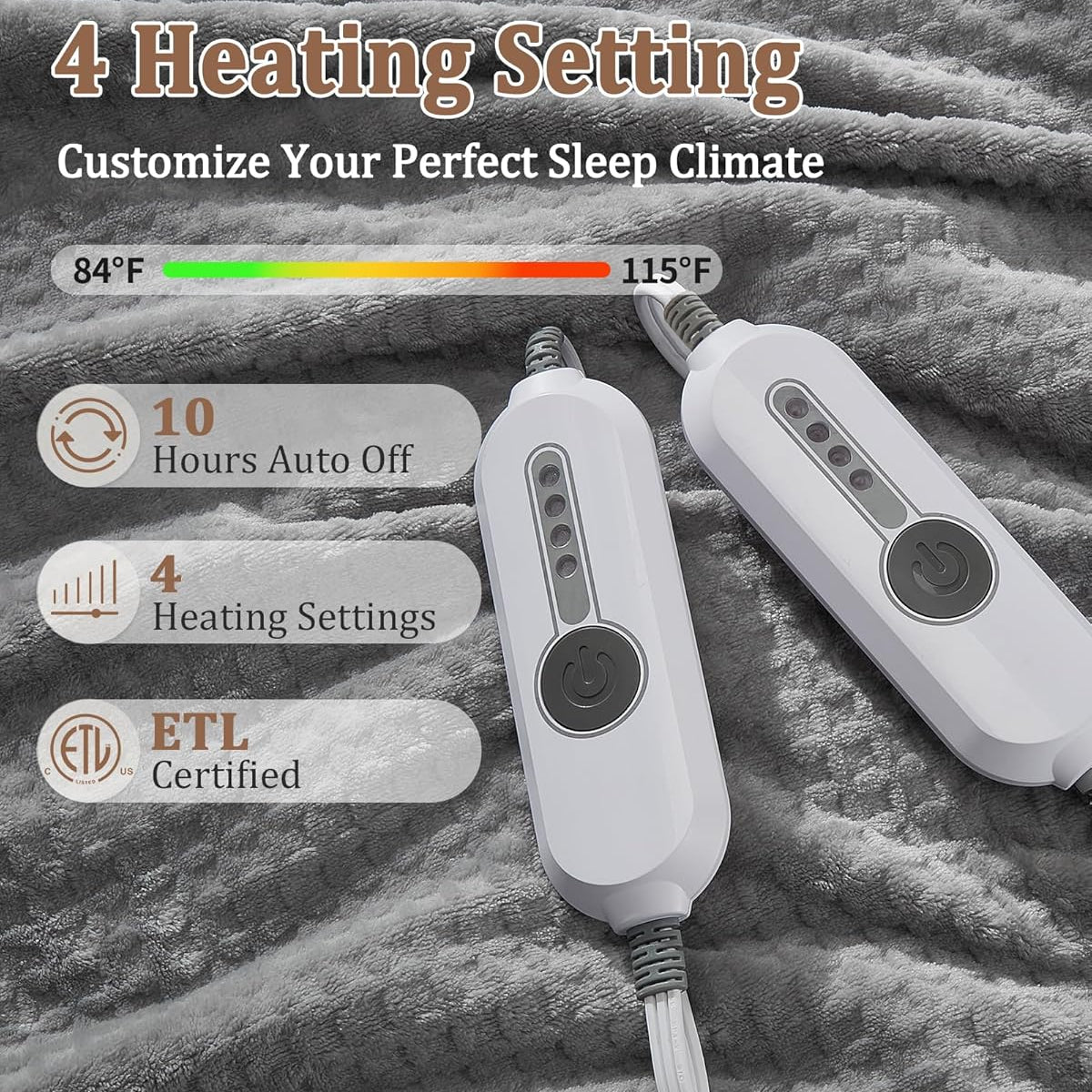 Garvee Heated Blanket Queen Size with Dual Control, Waffle Electric Blankets with ETL Certified, Soft Flannel Heating Blanket, 4 Heating Levels, 10 Hours Auto Off, Grey, 84"x90"